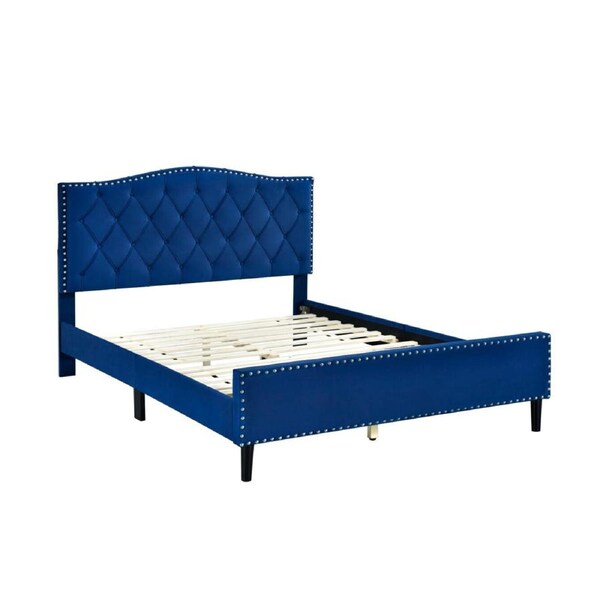Jessie Queen Bed Frame with Tufted Velvet Headboard and Silver Nail Detailing Navy Blue