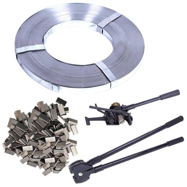 3in1 Strapping Kit - 1 Roll/250M Heavy Duty Metal Strap with 150 Clips &2 Tools for Cargo Strapping Logistics Warehouse Packaging Pallet Timber Logs Bricks Size 19mm x 0.5mm Max Tension 500KG