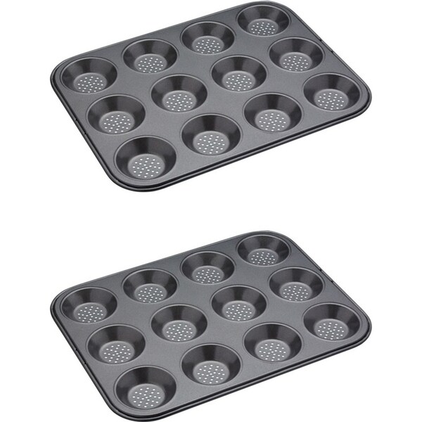 2x Mastercraft 32x24cm Crusty Bake Shallow 12-Cup Non-Stick Baking Pan Mould BLK