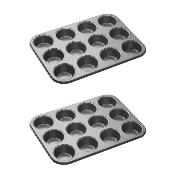 2x Mastercraft 35x27cm Heavy Base 12-Cup Non-Stick Muffin Cupcake Pan Mould BLK