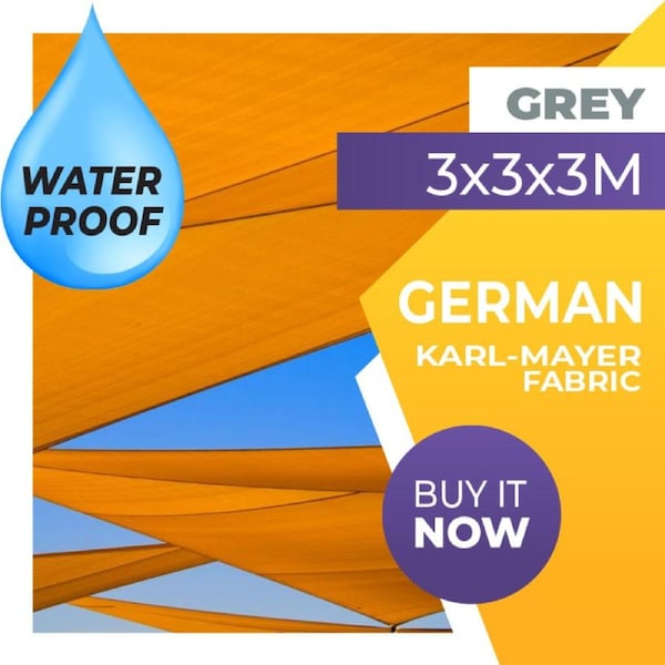 WATERPROOF SHADE SAIL TRIANGLE GREY 3x3x3m SUN 3x3x3 3 x 3 x 3m