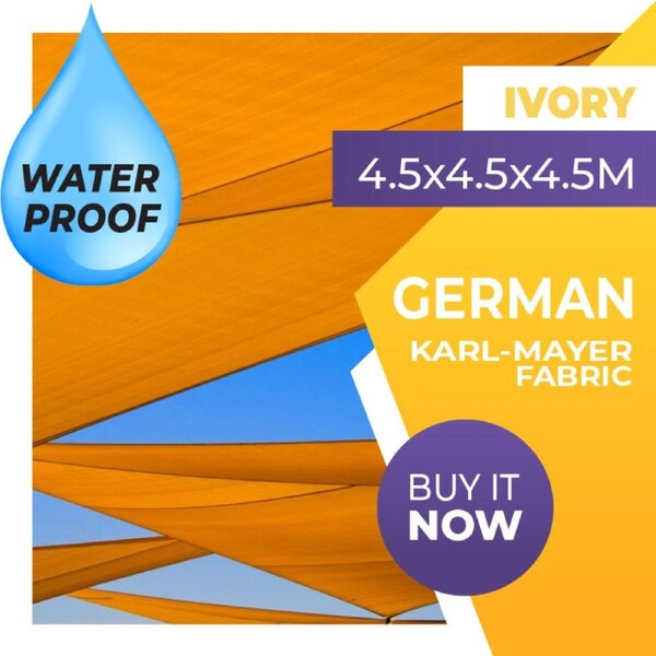 WATERPROOF SHADE SAIL TRIANGLE IVORY 4.5m x 4.5m x 4.5m 4.5x4.5x4.5 4.5x4.5x4.5m