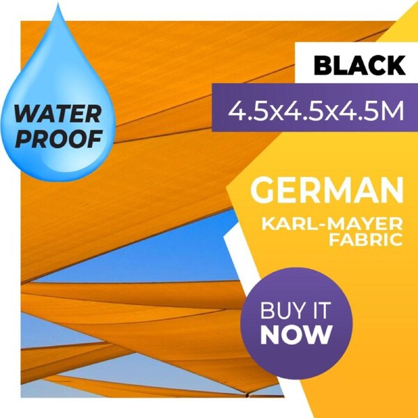 WATERPROOF SHADE SAIL TRIANGLE BLACK 4.5x4.5x4.5 SUN AWNING 4.5 x 4.5 x 4.5m