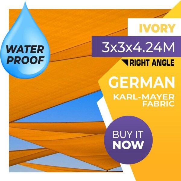 WATERPROOF SHADE SAIL RIGHT ANGLE TRIANGLE IVORY 3 x 3 x 4.24m 3m x 3m x 4.24m