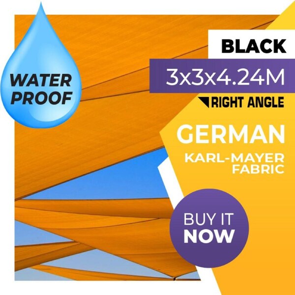 WATERPROOF SHADE SAIL RIGHT ANGLE TRIANGLE BLACK 3 x 3 x 4.24m 3m x 3m x 4.24m