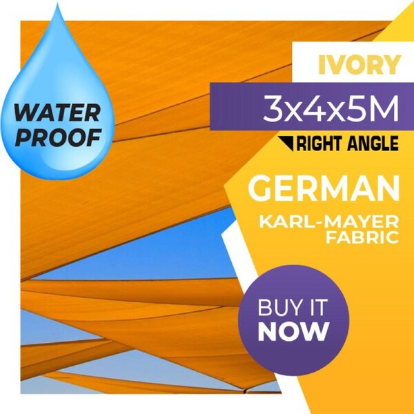 WATERPROOF SHADE SAIL RIGHT ANGLE TRIANGLE IVORY 3 x 4 x 5m 3x4x5m 3x4x5