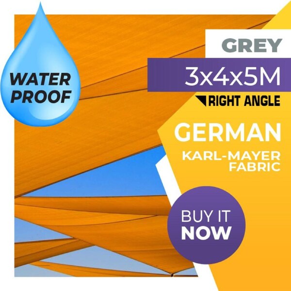 WATERPROOF SHADE SAIL RIGHT ANGLE TRIANGLE GREY 3x4x5m 3m x 4m x 5m 3x4x5