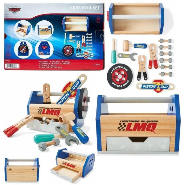 Disney Pixar Wooden Toys 20 Pieces Cars Tool Set Workshop Repair Car Play Gift