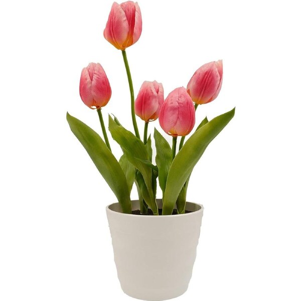 Fake Pink Tulip Plastic Flowers White Pot