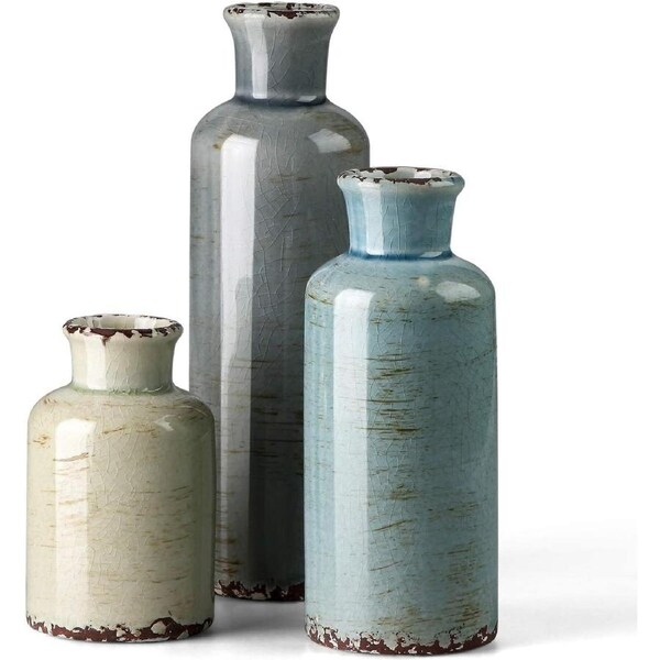 Crackled Finish Ceramic Vase Set Blue Farmhouse Decor