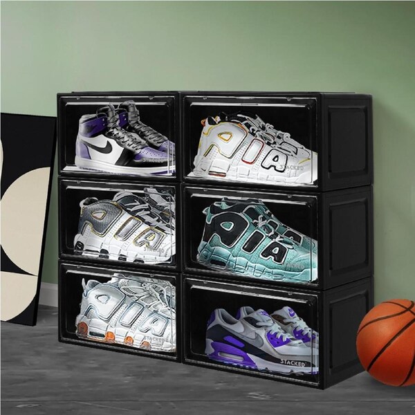 Shoe Storage Box Sneaker Display Case Collections Cabinet Stackable Magnetic Black / 6pcs