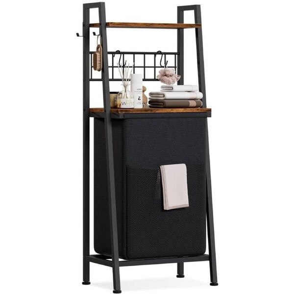 2-Tier Laundry Hamper with Wood Shelf and Hooks