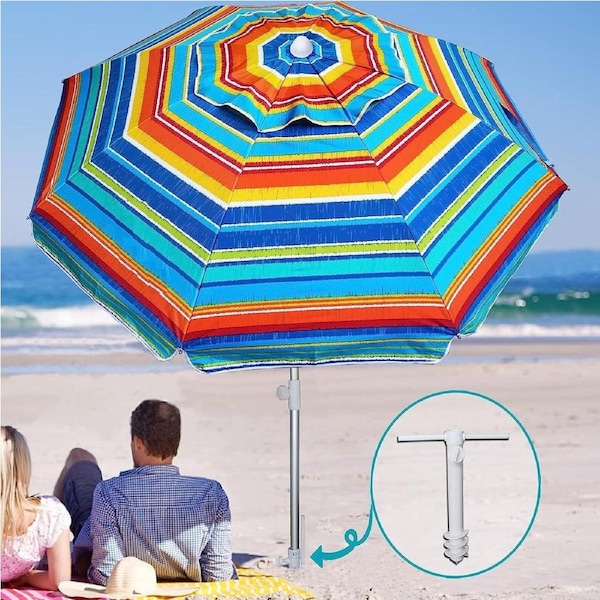 Beach Umbrella UV 50+ Sun Protection, Yellow Stripes