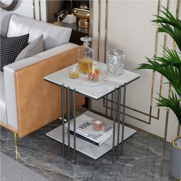 Marble Top Side Table Black 2-Tier
