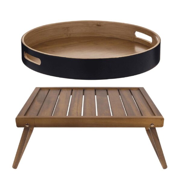 Davis & Waddell Wooden Breakfast Tray and Bamboo Round Serving Tray Set