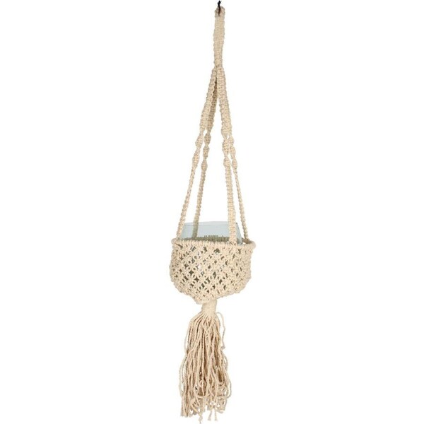Maine & Crawford Flow Luxe Macrame 100cm Plant Hanger Pot w/ Glass Vase Cream