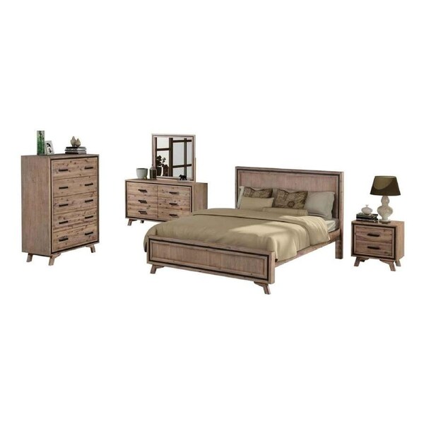 5 Pieces Bedroom Suite Queen Size Silver Brush in Acacia Wood Construction Bed, Bedside Table, Tallboy & Dresser