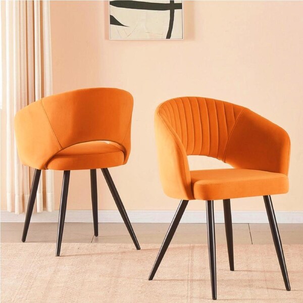 BRIBRION 2x Orange Upholstered Velvet Armchair Dining chair with Armrest Black Metal Legs For Living room Dinning room Cafe Office