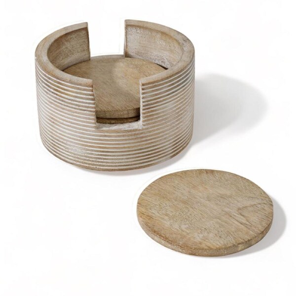 4pc Maine & Crawford Cyrus Wood 13cm Coaster Set w/ Holder Natural Whitewash