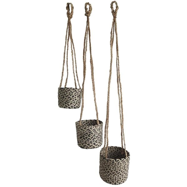 3pc Maine & Crawford Jigger Jute Pot Hangers Plant Planter Set Natural/Black