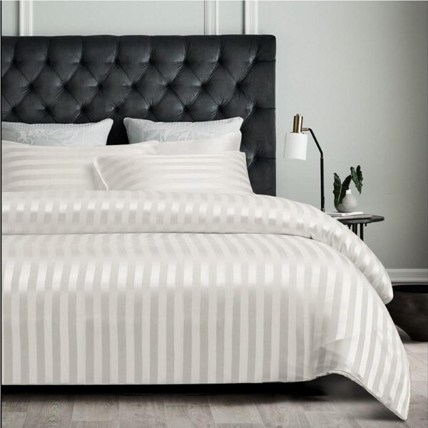 Double Size Luxury 1000TC Ultra Soft Striped Silk Satin Duvet Doona Quilt Cover Set White