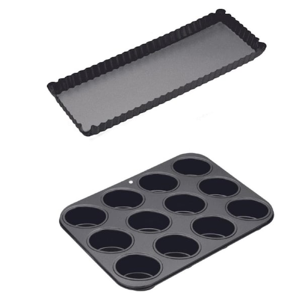 MasterPro Non Stick Mini Cupcake Baking Pan and Rectangular Quiche Flan Tart Mould