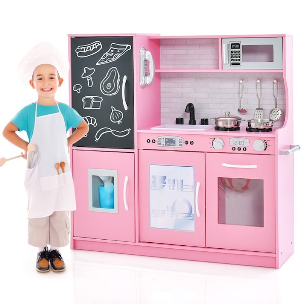 Costway Pink Pretend Play Kitchen with Cookware & Blackboard