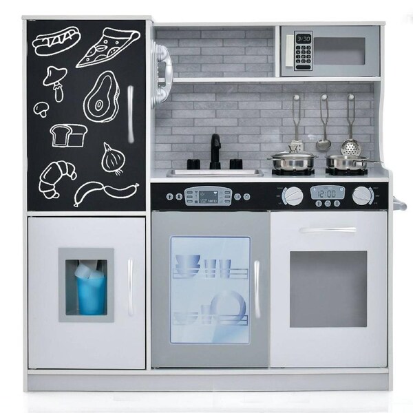 Costway 80x24 x82 cm Kitchen Playset Pretend Cooking Toy w/Cookware & Blackboard Birthday Gift White