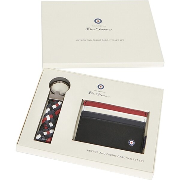 Ben Sherman 10cm Men's Leather Credit Card Wallet & Keyring Holder Navy/Red