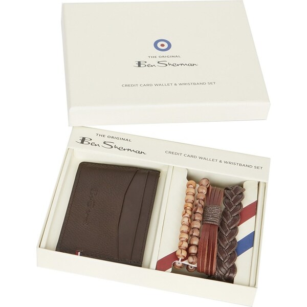 5pc Ben Sherman Men's Leather Credit Card Wallet & Bracelet Accessory Brown/Tan
