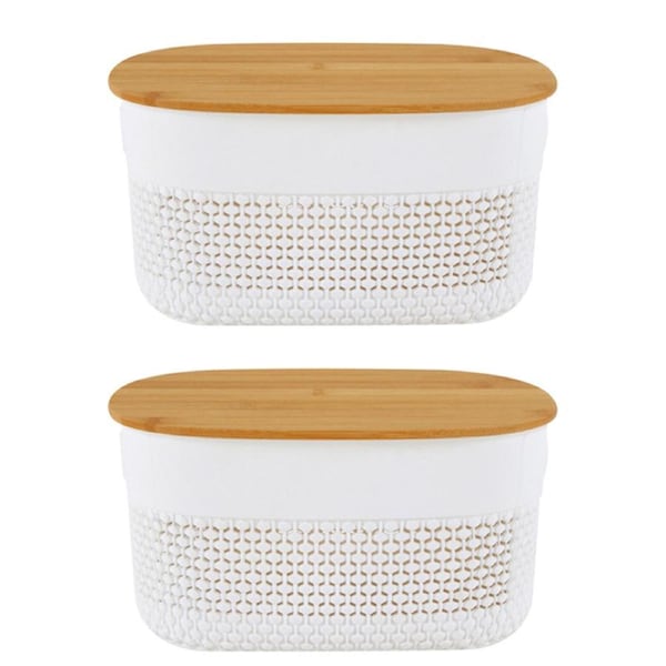 2x Home Expression 24cm Oval Plastic Basket Storage Organiser w/Bamboo Lid White