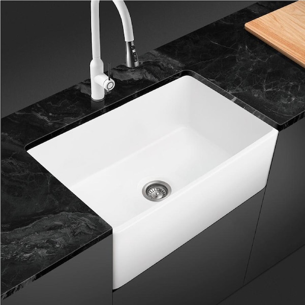 ACA 84x46CM Farmhouse Butler Kitchen Sink Single Bowl Gloss White Porcelain Basin