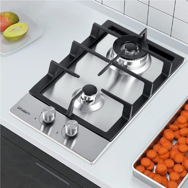 Devanti Gas Cooktop 30cm 2 Burner Stove Black Glass