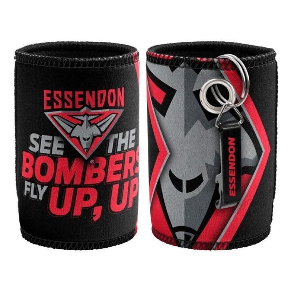 AFL Stubby Can Cooler with Bottle Opener - Essendon Bombers - Rubber Base