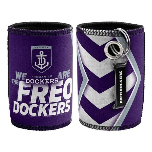 AFL Stubby Can Cooler with Bottle Opener - Fremantle Dockers - Rubber Base