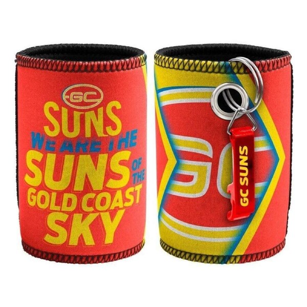 AFL Stubby Can Cooler with Bottle Opener - Gold Coast Suns - Rubber Base