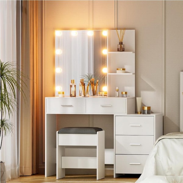 Artiss Dressing Table Set Stool Vanity Desk 10-bulb LED Lighted Makeup Mirror Drawers - White