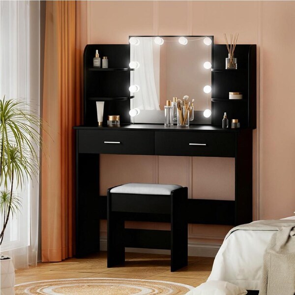 Artiss Dressing Table Stool Set Vanity Desk 10 LED Bulbs Makeup Mirror Lights Storage Drawers Black