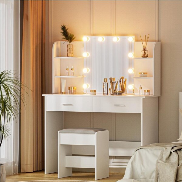 Artiss Dressing Table Stool Set Vanity Desk 10 LED Bulbs Makeup Mirror Lights Storage Drawers White