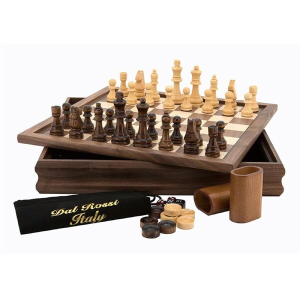 Dal Rossi 14 inch Walnut 3-in-1 Chess/Backgammon/Checkers Set