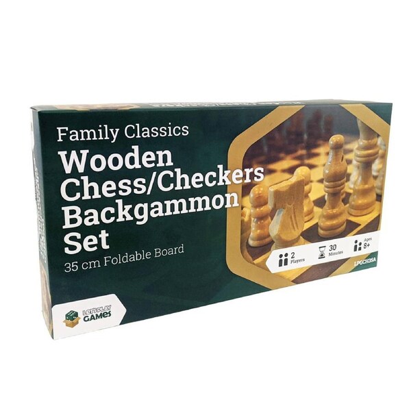 LPG Family Classics Wooden Chess, Checkers and Backgammon Board Game Set 35cm