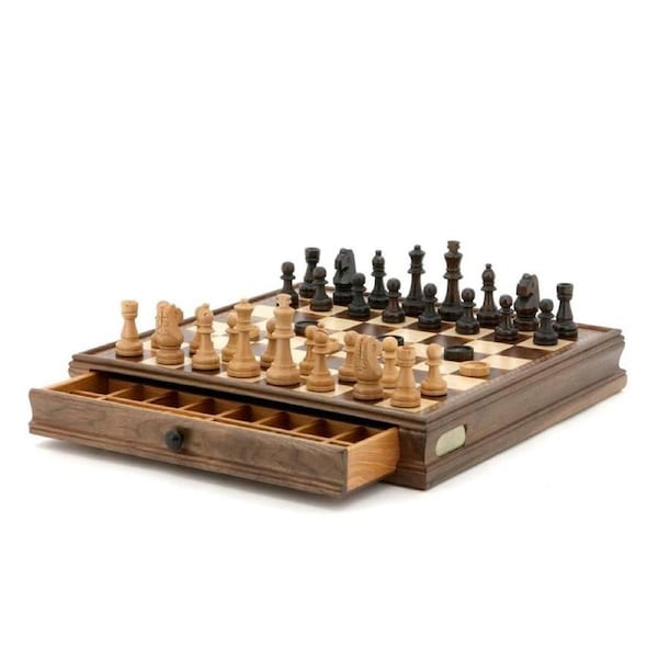 Dal Rossi 15 inch Walnut 2-in-1 Chess/Checkers Set with Drawers
