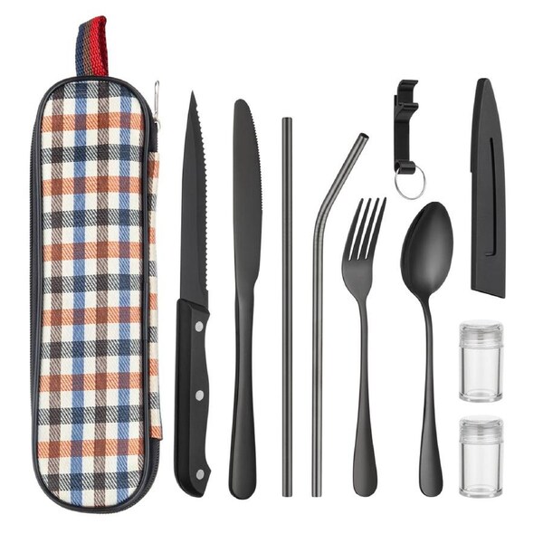 10 Psc Portable Cutlery Set Stainless Steel Spoon Knife Fork Gloss Black Travel Camping