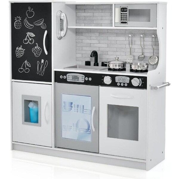 Wooden Kids Kitchen Toys Pretend Play Set Toddler Children Cooking Home Cookware - white