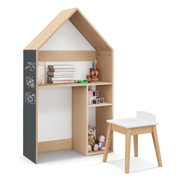 Giantex 2-in-1 Kids House-shaped Table and Chair Set Children Bookshelf Toy Storage Cabinet w/Blackboard