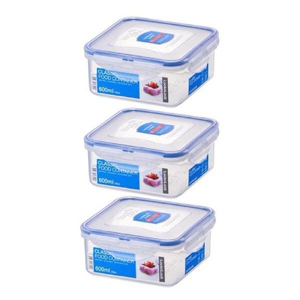 3x Locknlock 600ml Airtight Classic Square Food Container Storage Organiser CLR