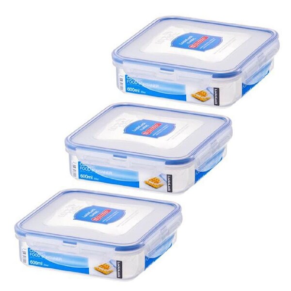 3x Locknlock 600ml Airtight Classic Square Food Container Storage Short Clear