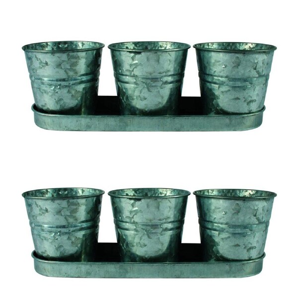 2x 3pc Yard Master 33x11cm Loke Antiqued Metal Pot Plant Container w/ Tray SLV