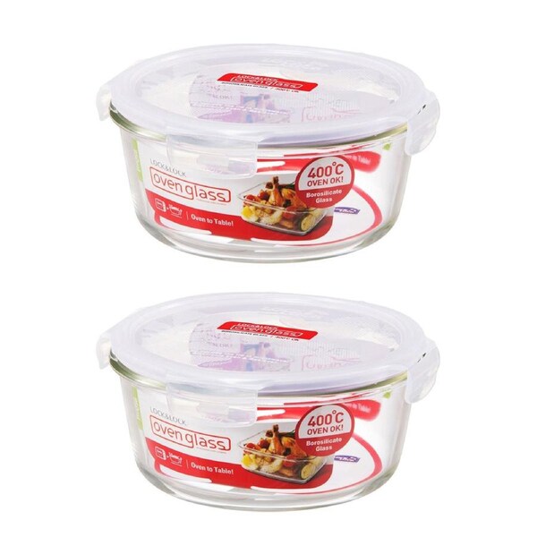 2x Locknlock 950ml Euro Round Borosilicate Glass Food Container Storage w/ Lid