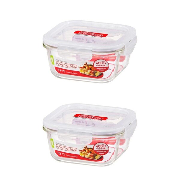 2x Locknlock 500ml Euro Square Borosilicate Glass Food Container Storage w/ Lid